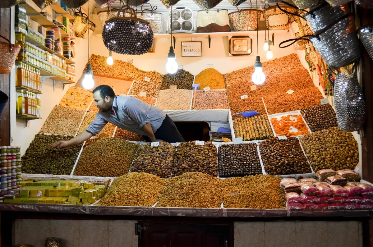 A dried fruit and nut stall in the souks of Marrakech